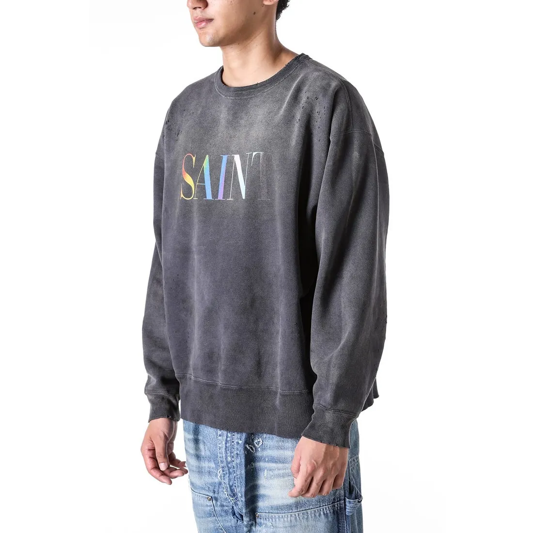 SAINT Mxxxxxx CREW NECK SWT SHIRTS 'RAINBOW SNT'/BLK Rainbow SAINT destruction sweatshirt, washed black S-XL Assute dyeing, genuine whole garment sprayed with horsetail fading process, collar/cuffs frayed in many places, front and rear panels/sleeves super complicated hanging grinding, heavy washing and water discoloration, correct fruit mark/angel mark